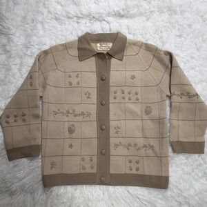 Vintage 1950's Wool Sweater Floral & Acorn Embroidered Brown Size Medium ? Rare!